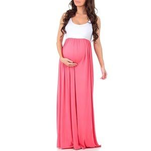 Mother Bee Maternity Sleeveless Ruched Waist Color Block Dress; Coral/White XL
